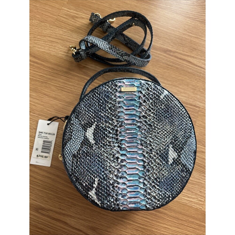 Brahmin Lane Marine Seville Leather Handbag Purse Circle Round Blue $295